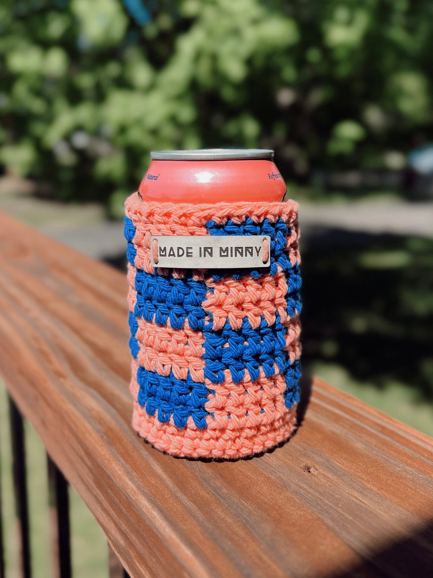 Check Can Coozie (Coral & Electric Blue)