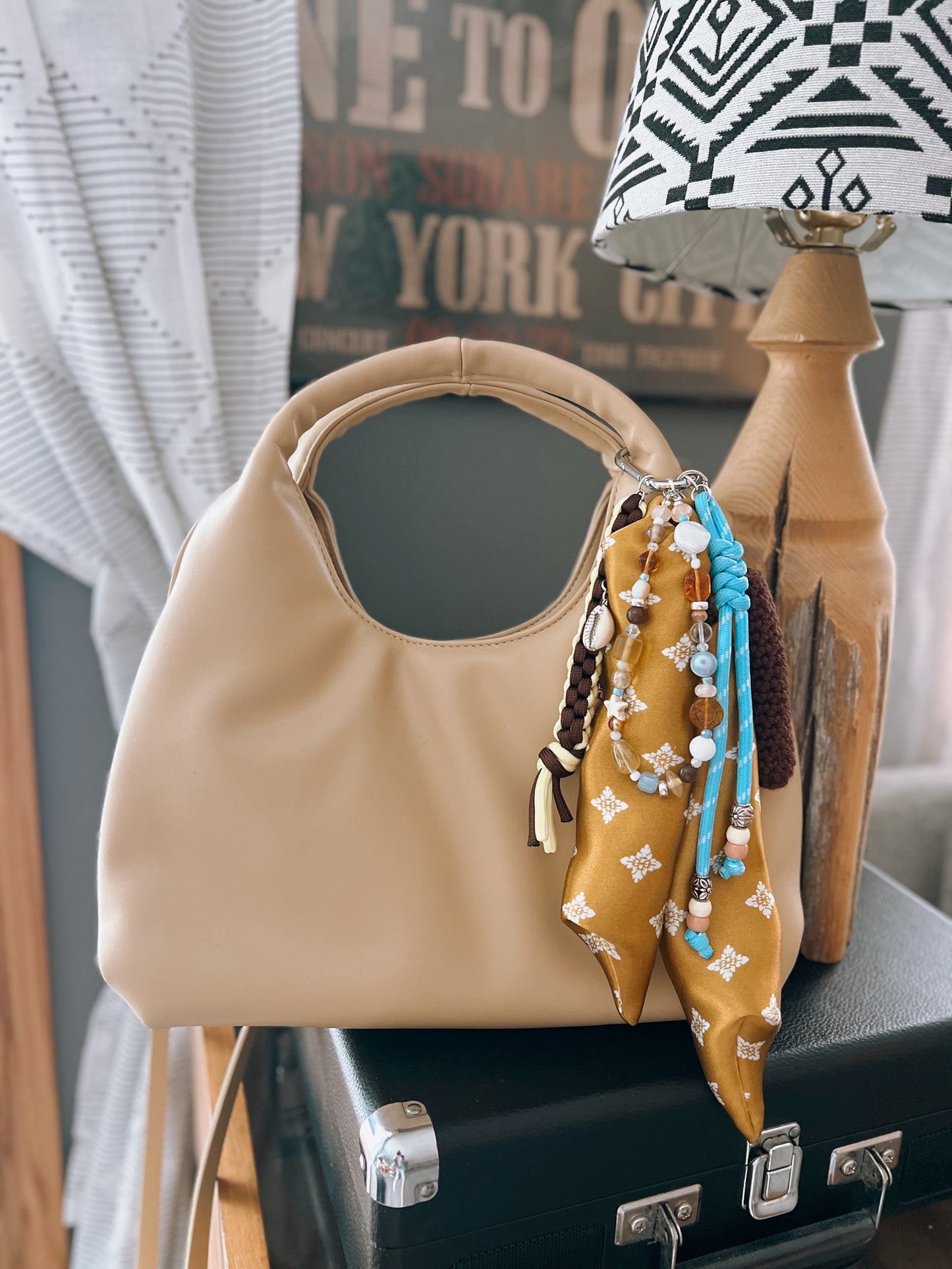 Scarf & Bead Layered Bag Charm | Gold, Brown & Blue - Silver