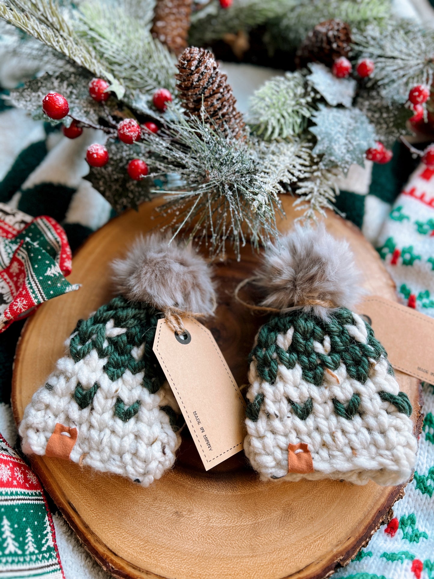Fair Isle Chunky Beanie Christmas Ornaments (set of 2)