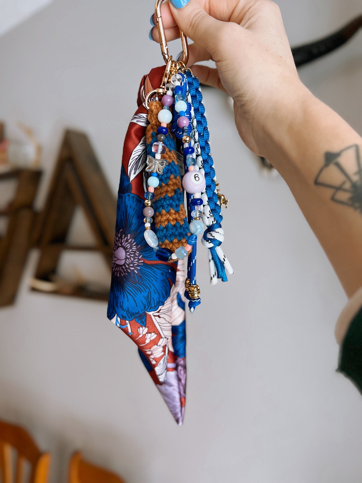 Scarf & Bead Layered Bag Charm | Blue, Purple & Rust - Gold