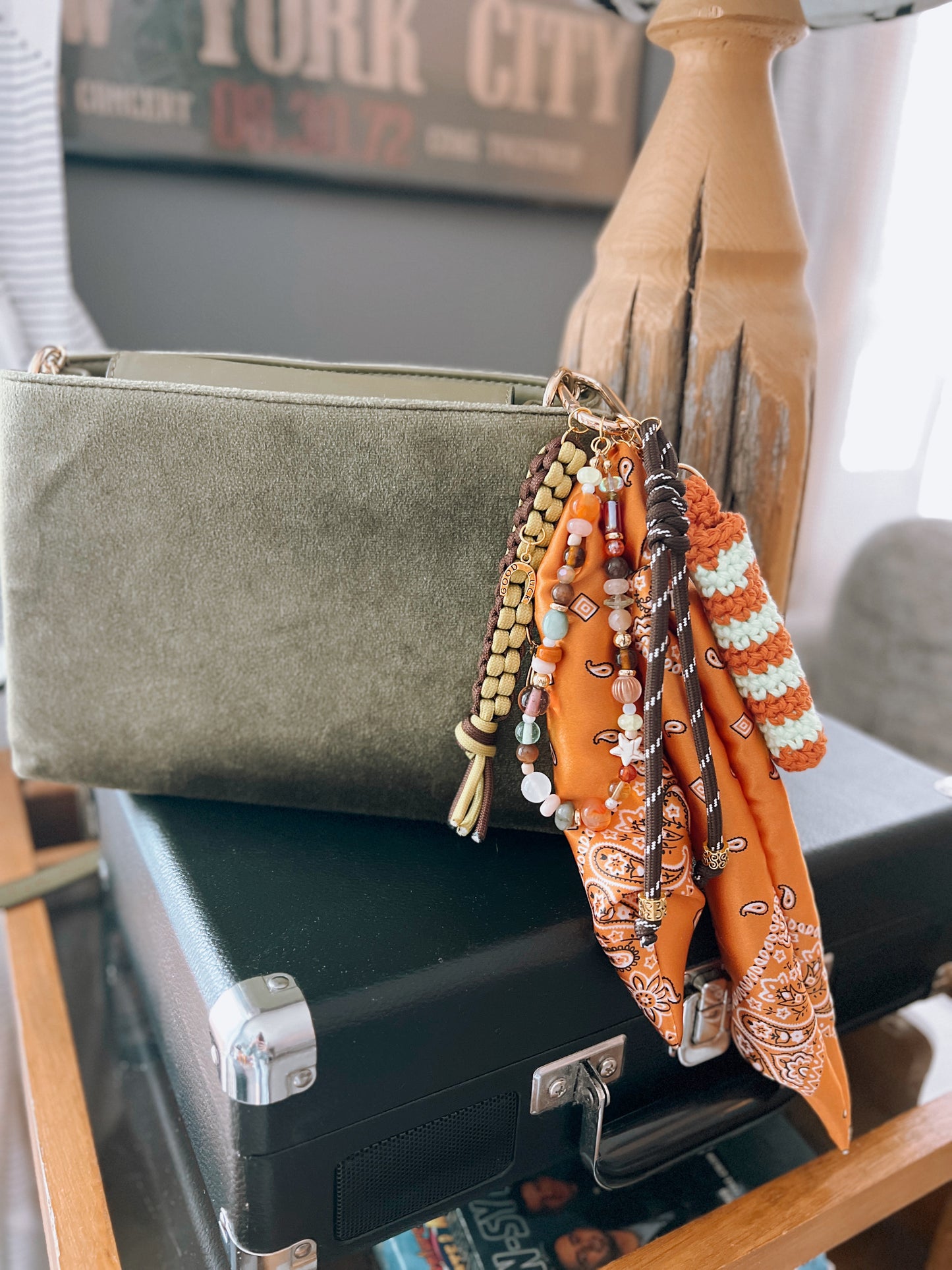 Scarf & Bead Layered Bag Charm | Orange & Brown - Gold