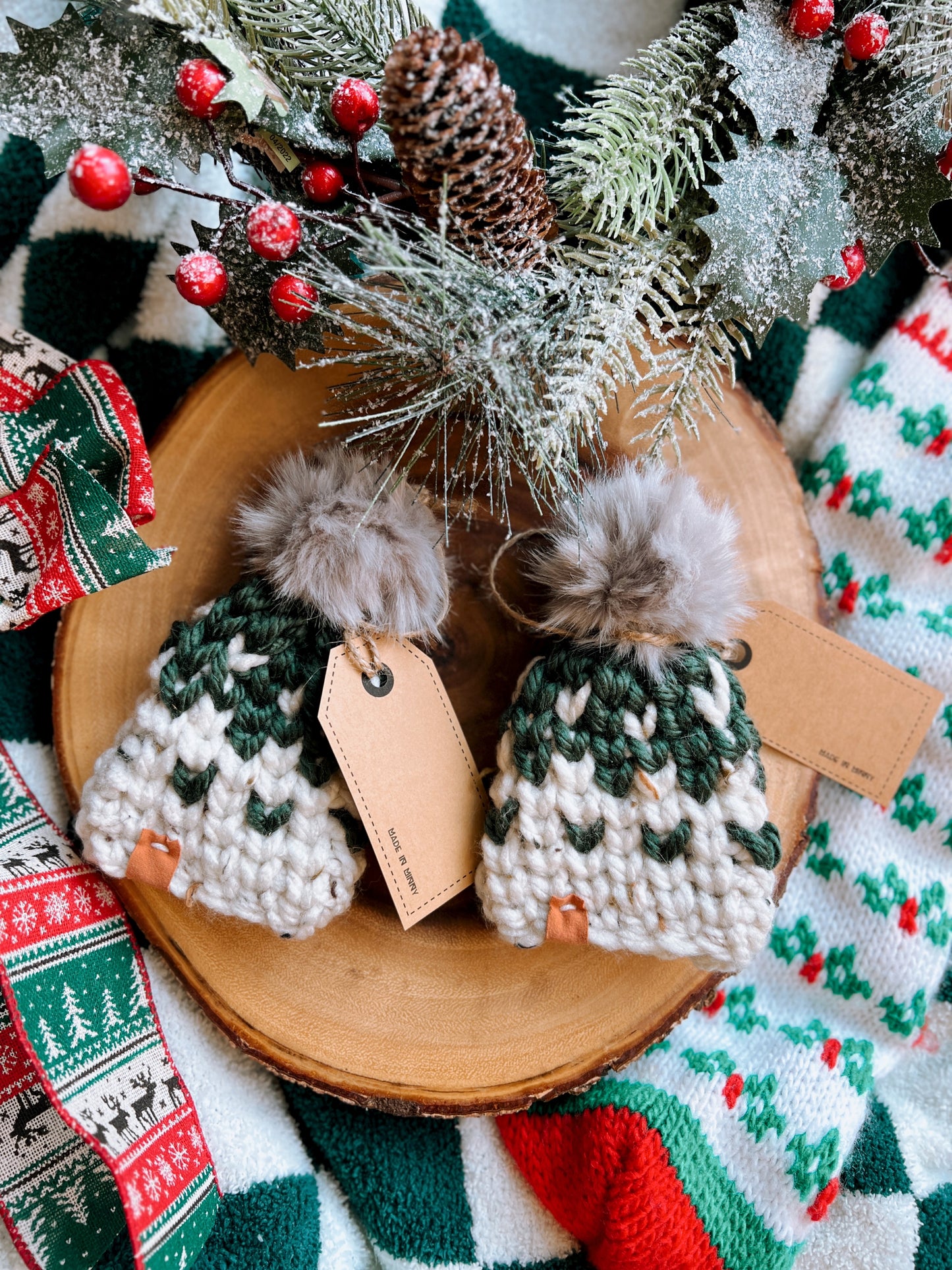 Fair Isle Chunky Beanie Christmas Ornaments (set of 2)