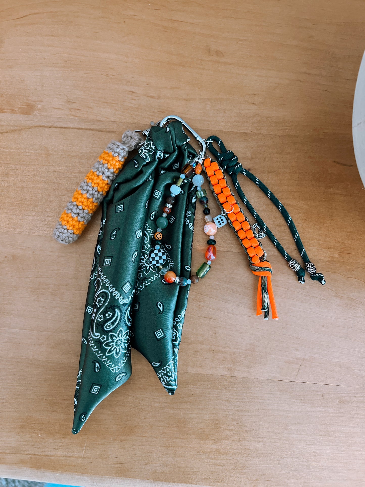 Scarf & Bead Layered Bag Charm | Green & Orange - Silver