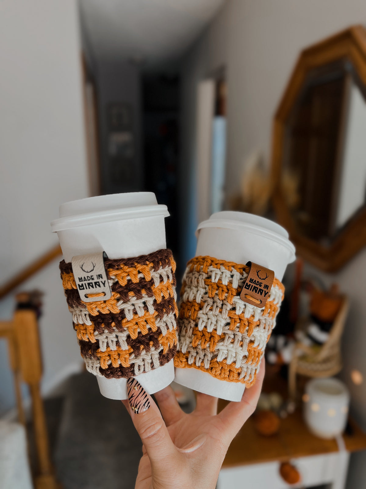 Coffee Cup Sleeve | Tan, Orange, Cream Plaid