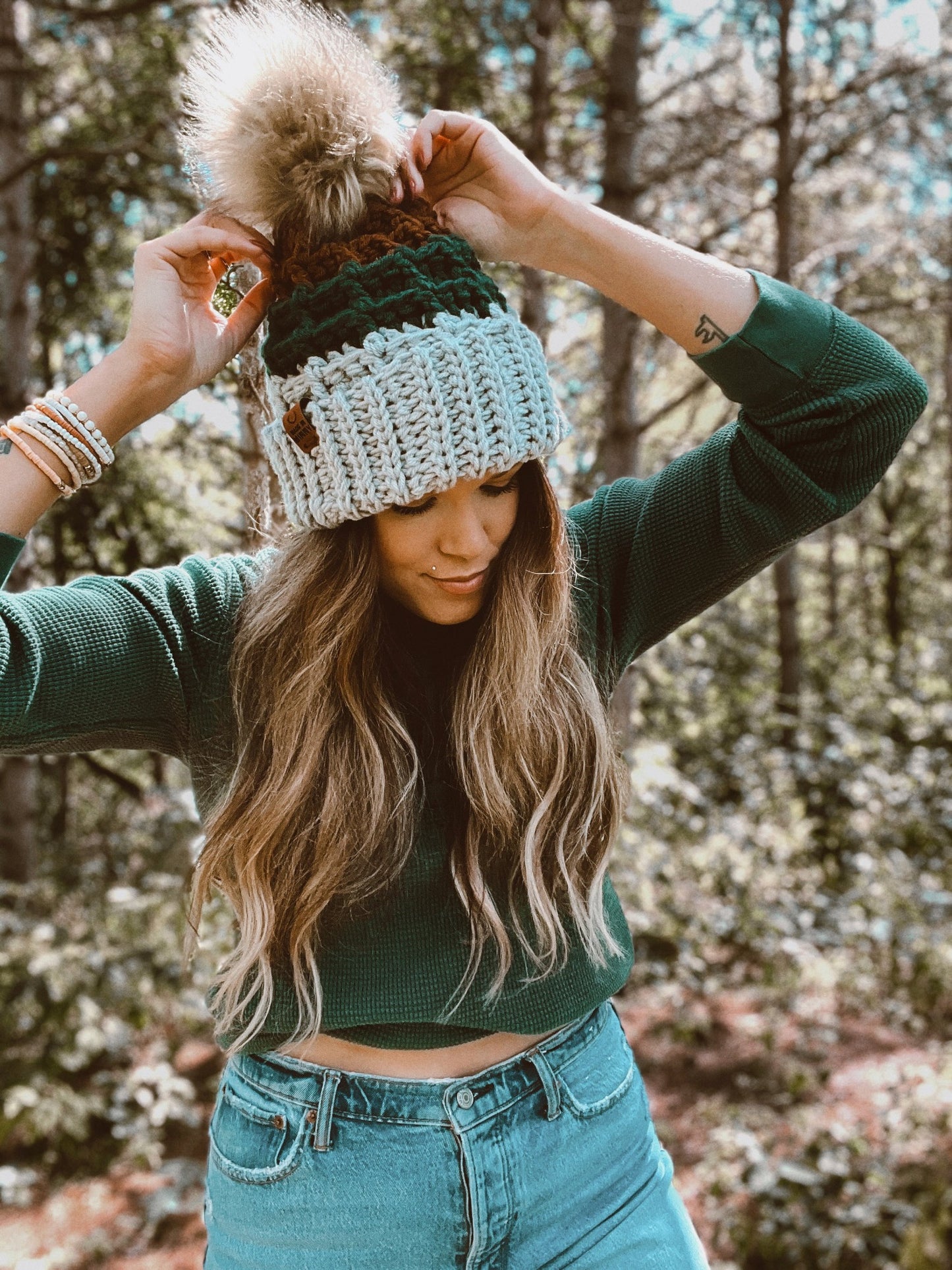 Waffle Fold Beanie | 3-Tone Gray, Forest Green & Brown
