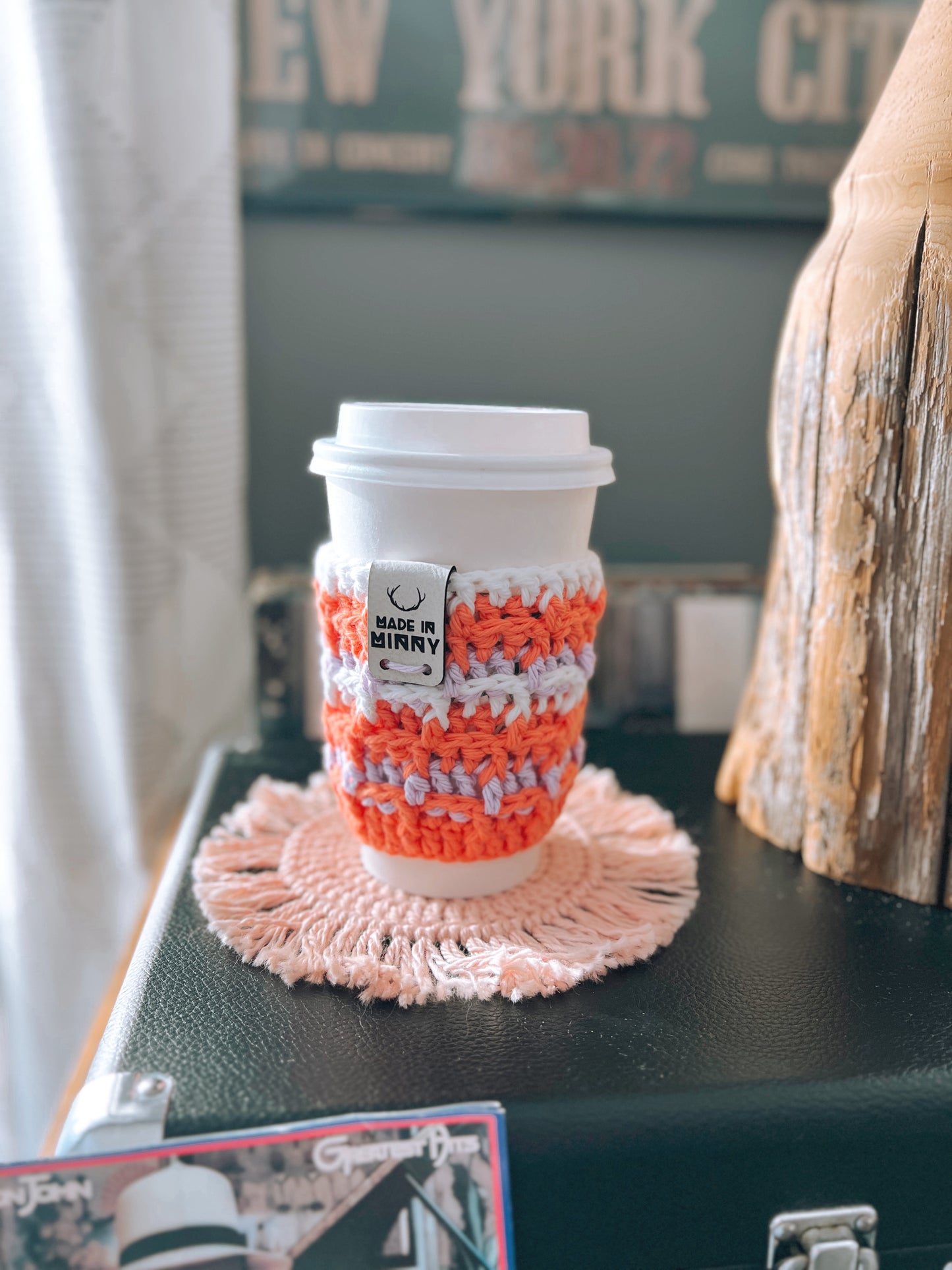 Waffle Coffee Cup Sleeve | Coral, Lavender & White