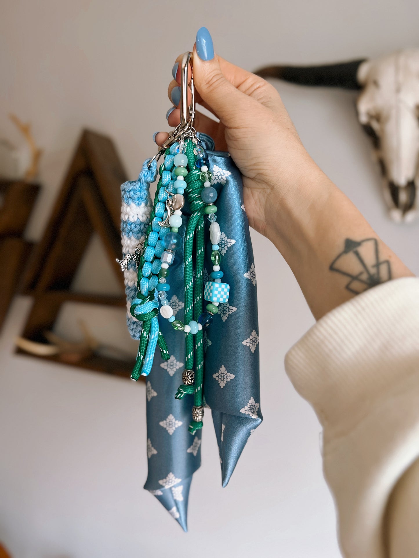 Scarf & Bead Layered Bag Charm | Blue & Green - Silver