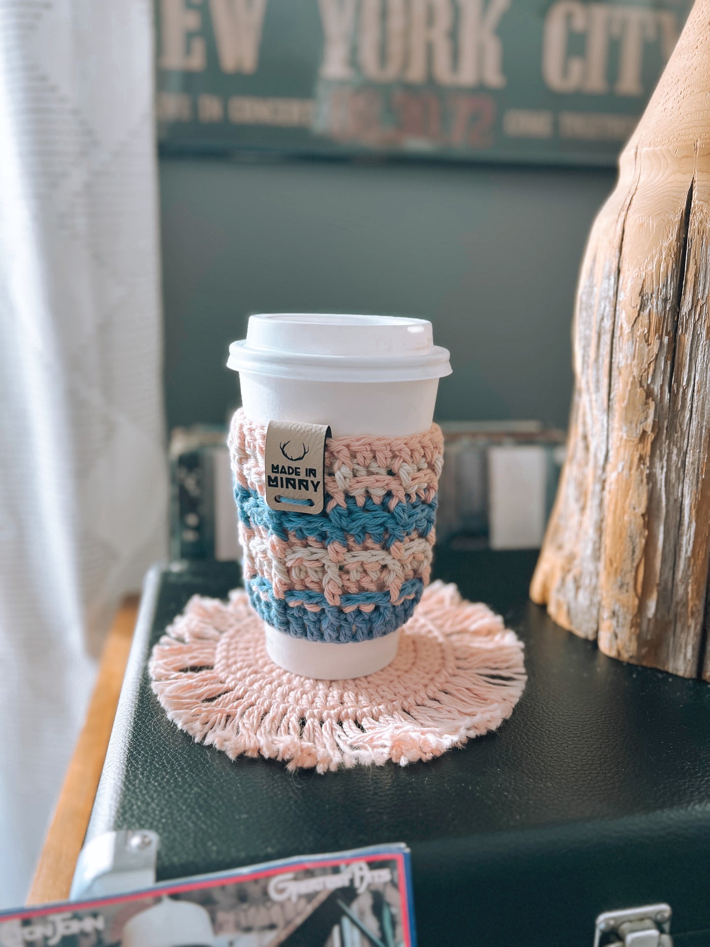 Waffle Coffee Cup Sleeve | Blush, Blue & Cream