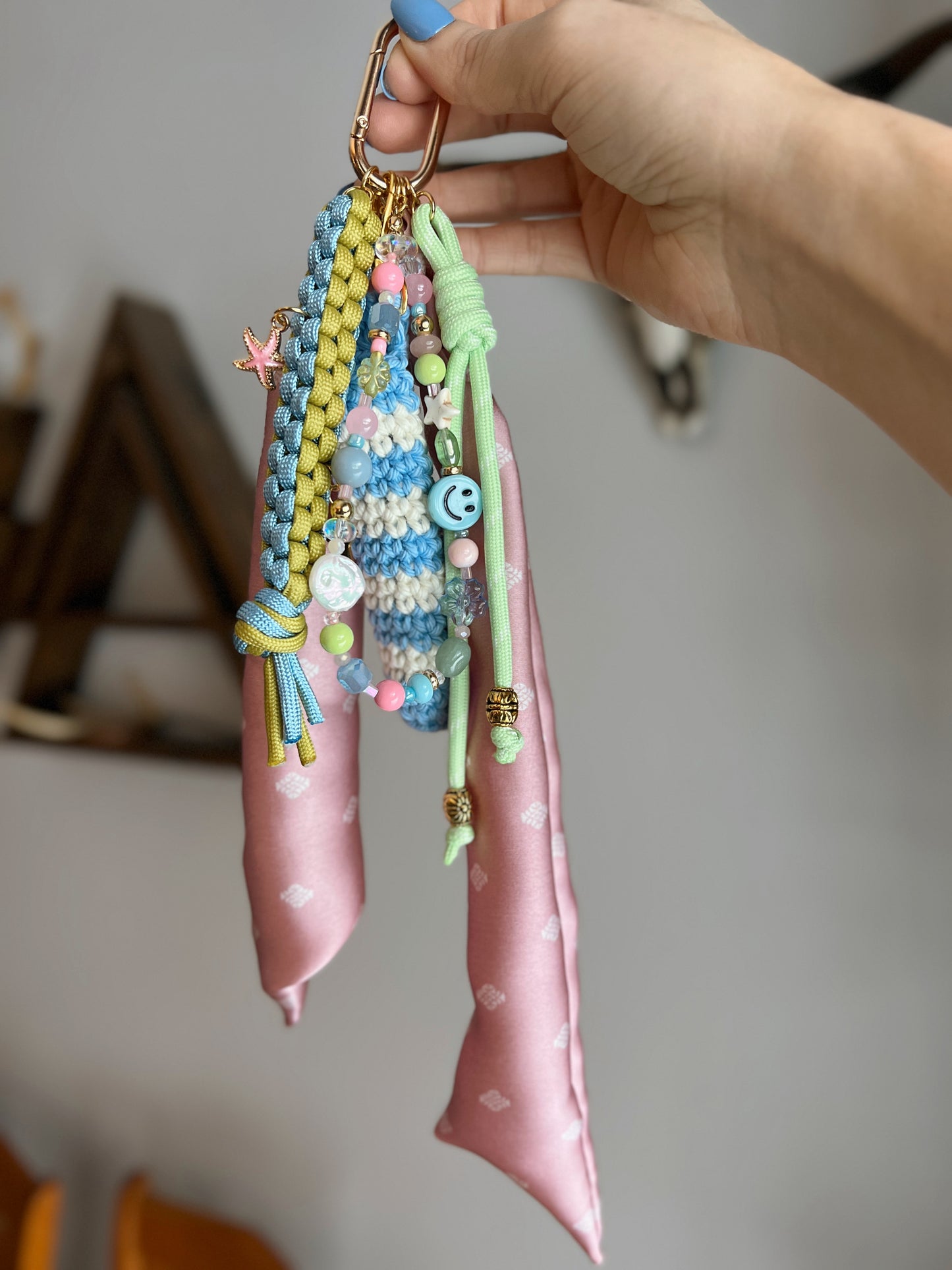 Scarf & Bead Layered Bag Charm | Pink, Blue, Green - Gold