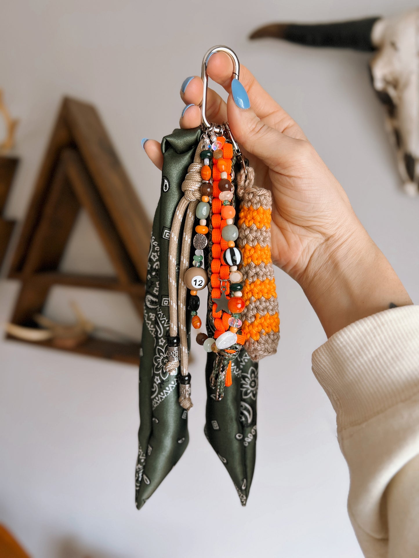 Scarf & Bead Layered Bag Charm | Olive & Orange - Silver