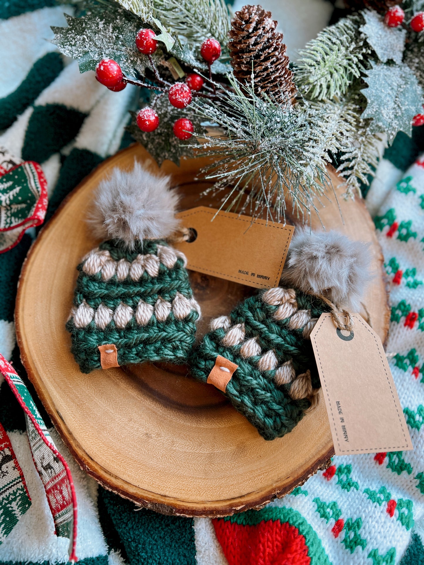 Chunky Bobble Green & Greige Beanie Christmas Ornaments (set of 2)