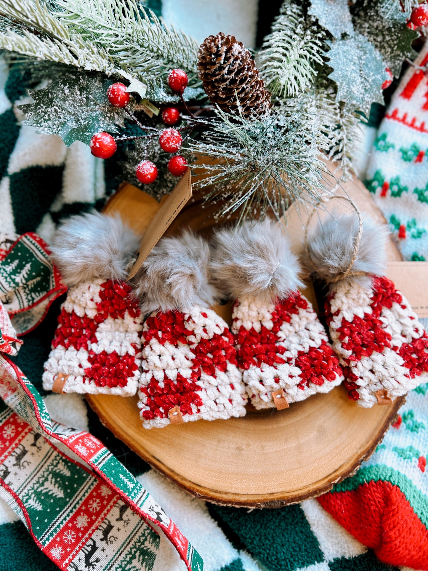 Check Red & Cream Velvet Beanie Christmas Ornaments (set of 4)