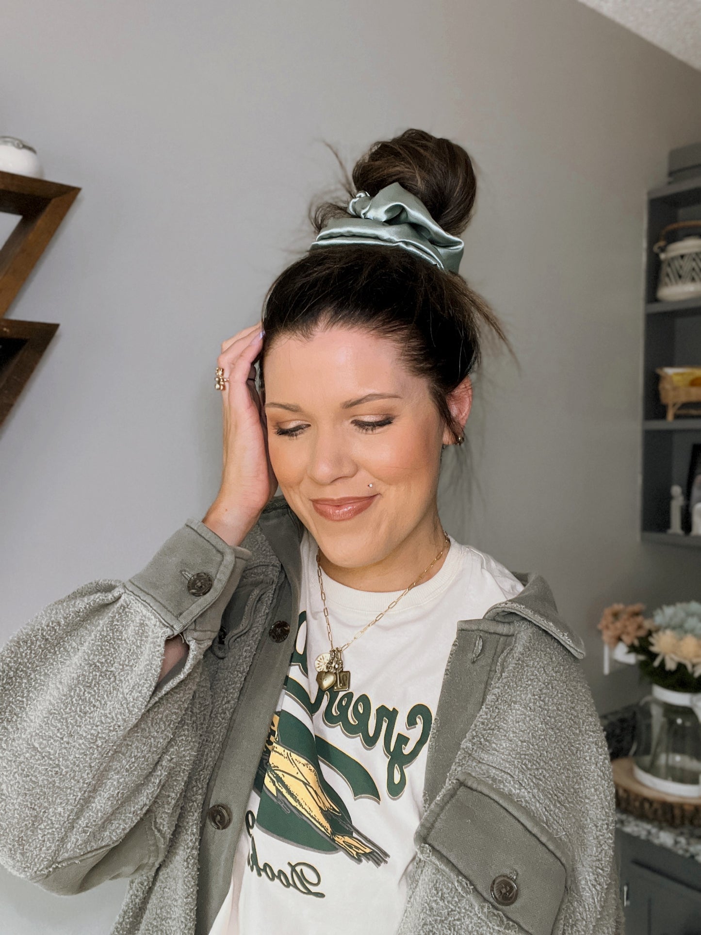 Sage Green Satin XL Scrunchie