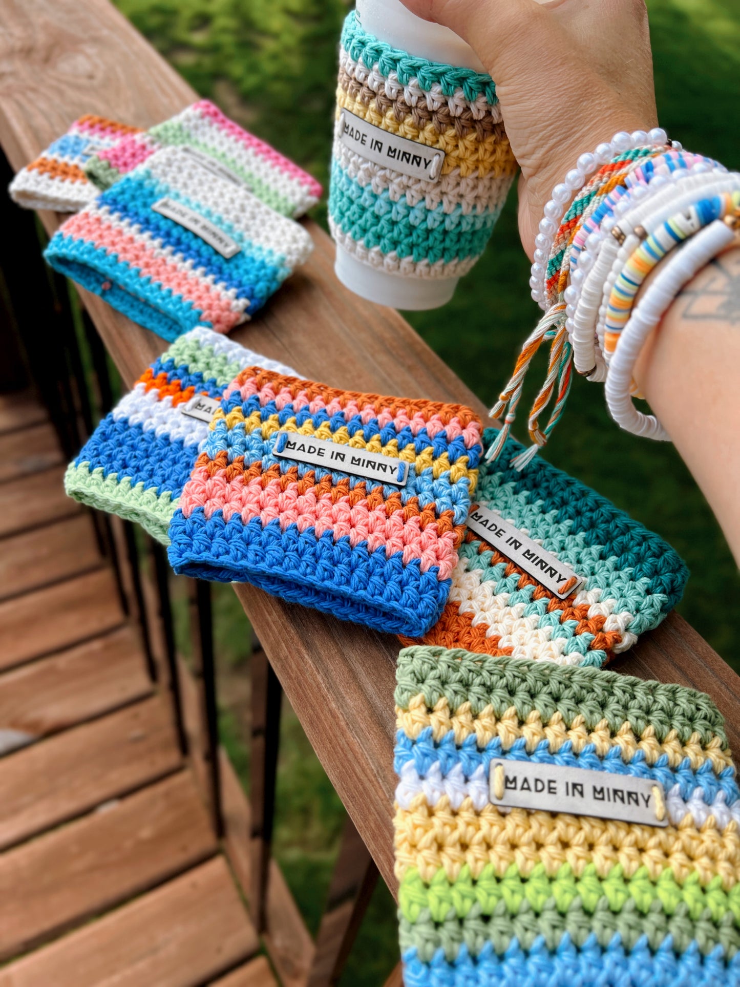 Coffee Cup Sleeve | Summer Stripe | White, Turquoise, Yellow