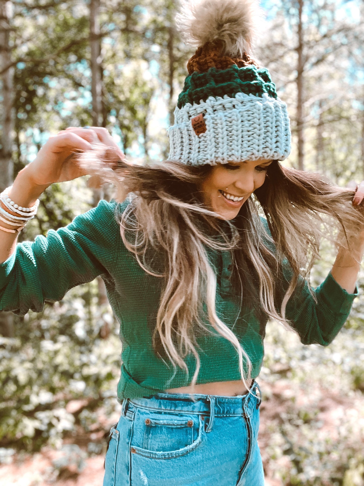 Waffle Fold Beanie | 3-Tone Gray, Forest Green & Brown