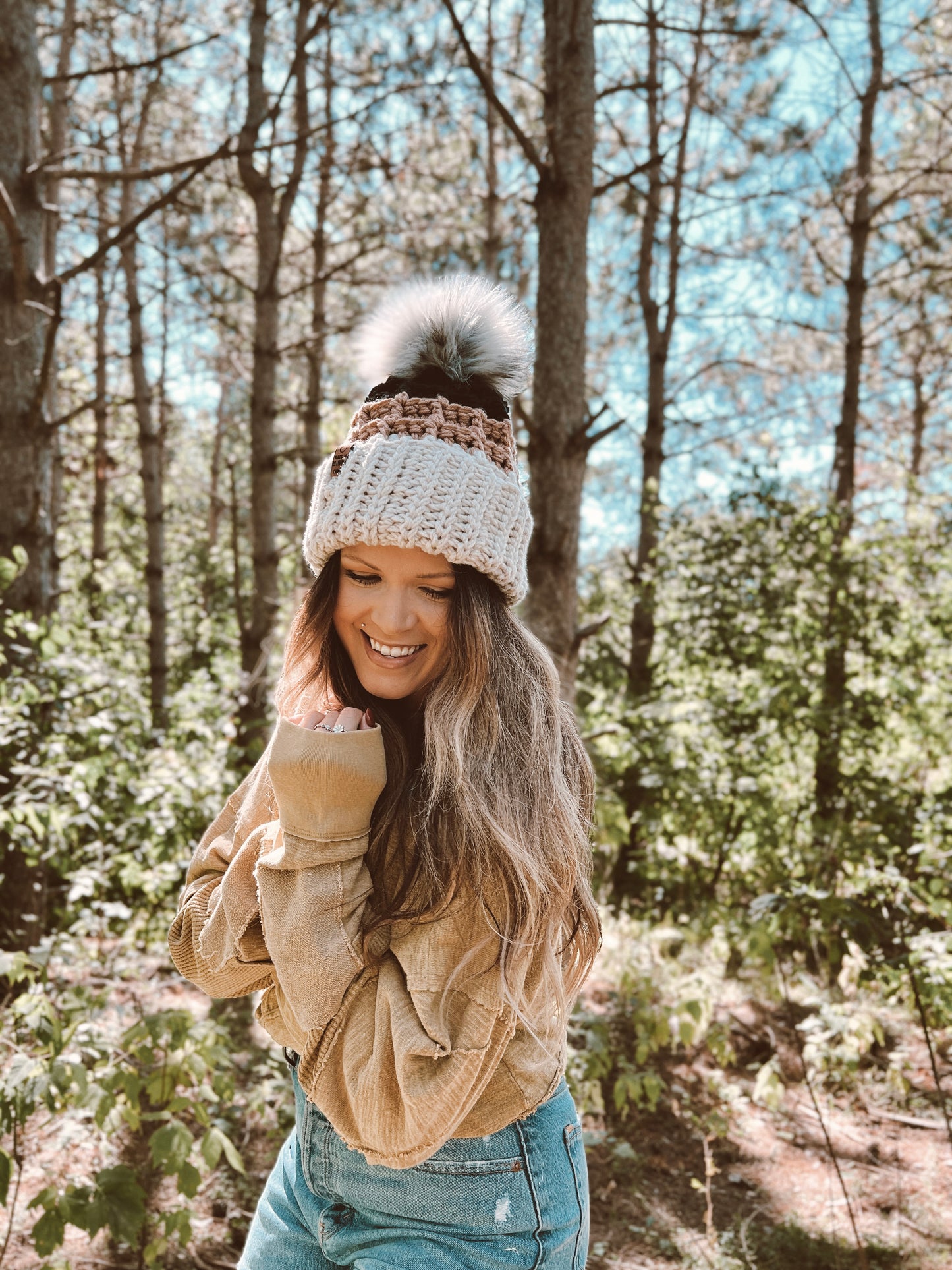 Chunky Waffle Fold Beanie | 3-Tone Linen, Tan, Black