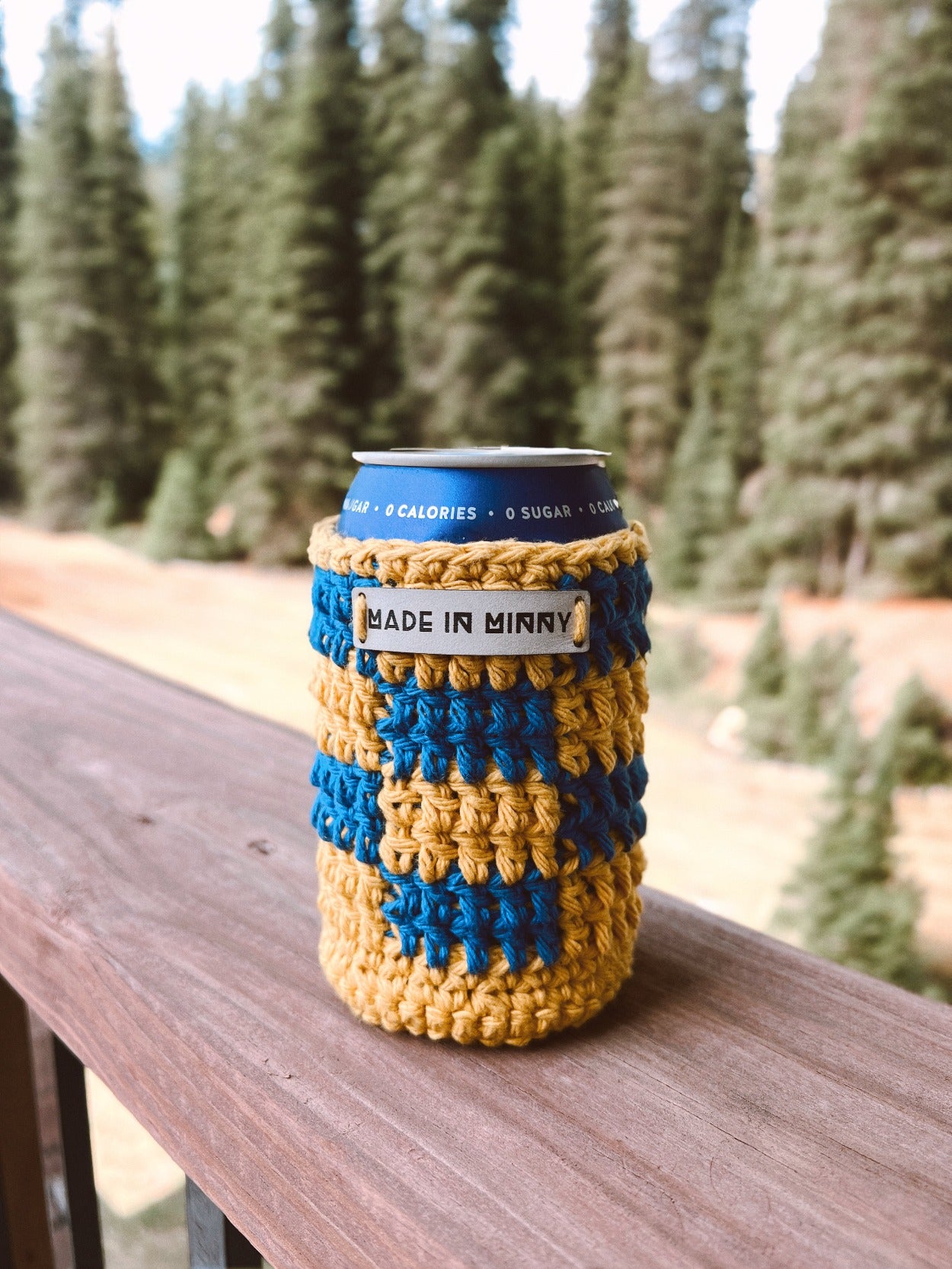 Check Can Coozie (Blue & Mustard Yellow)