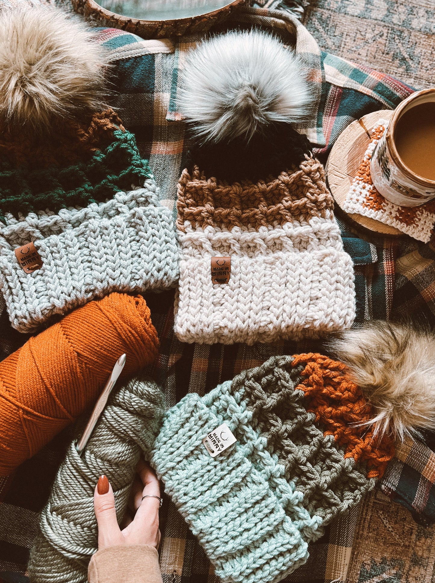 Waffle Fold Beanie | Pale Teal, Olive, Burnt Orange