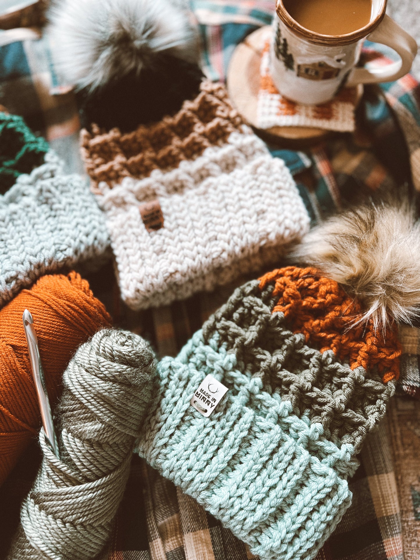 Waffle Fold Beanie | Pale Teal, Olive, Burnt Orange