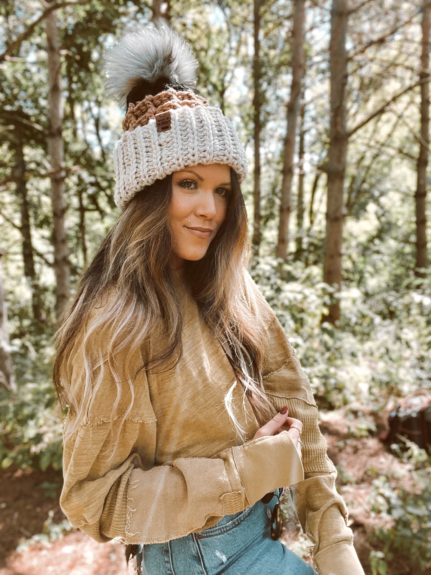 Chunky Waffle Fold Beanie | 3-Tone Linen, Tan, Black