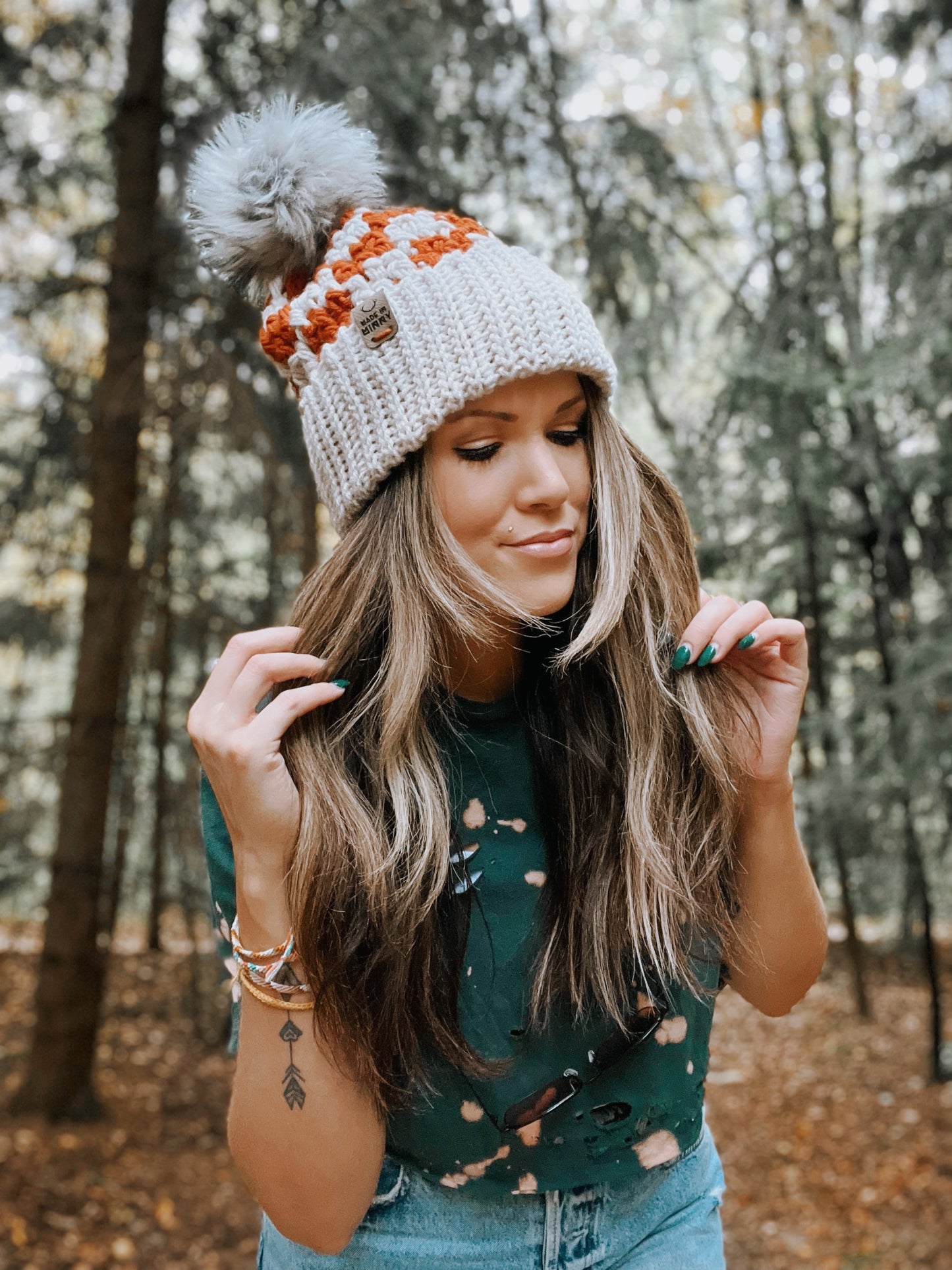 Chunky Check Beanie | Burnt Orange & Linen