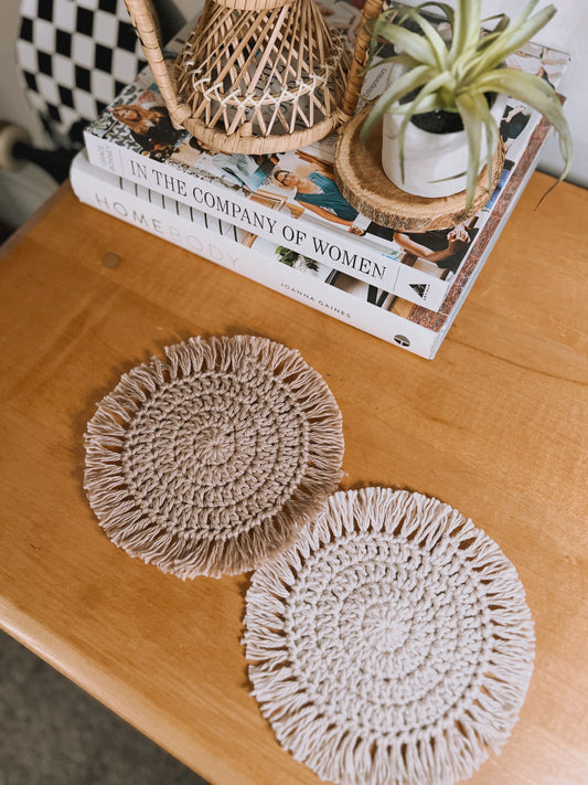 Boho Fringe Coasters | Hazelnut & Cream (set of 2)