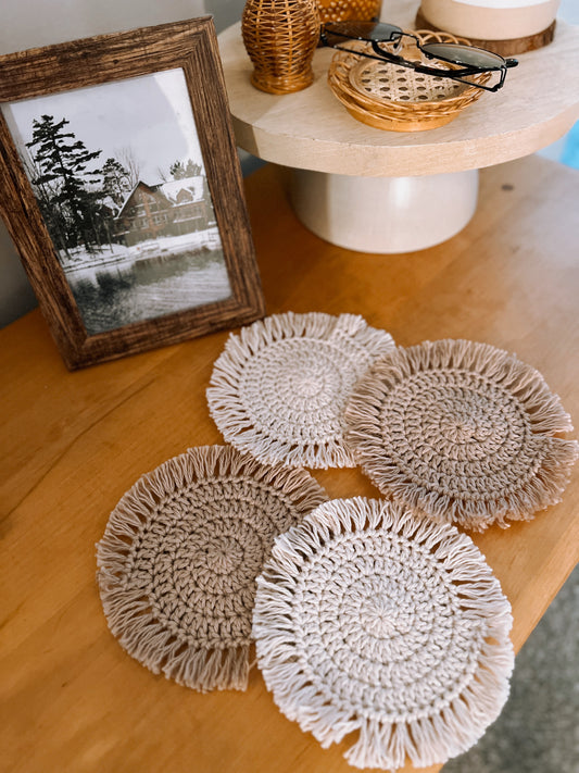 Boho Fringe Coasters | Hazelnut & Cream (set of 4)