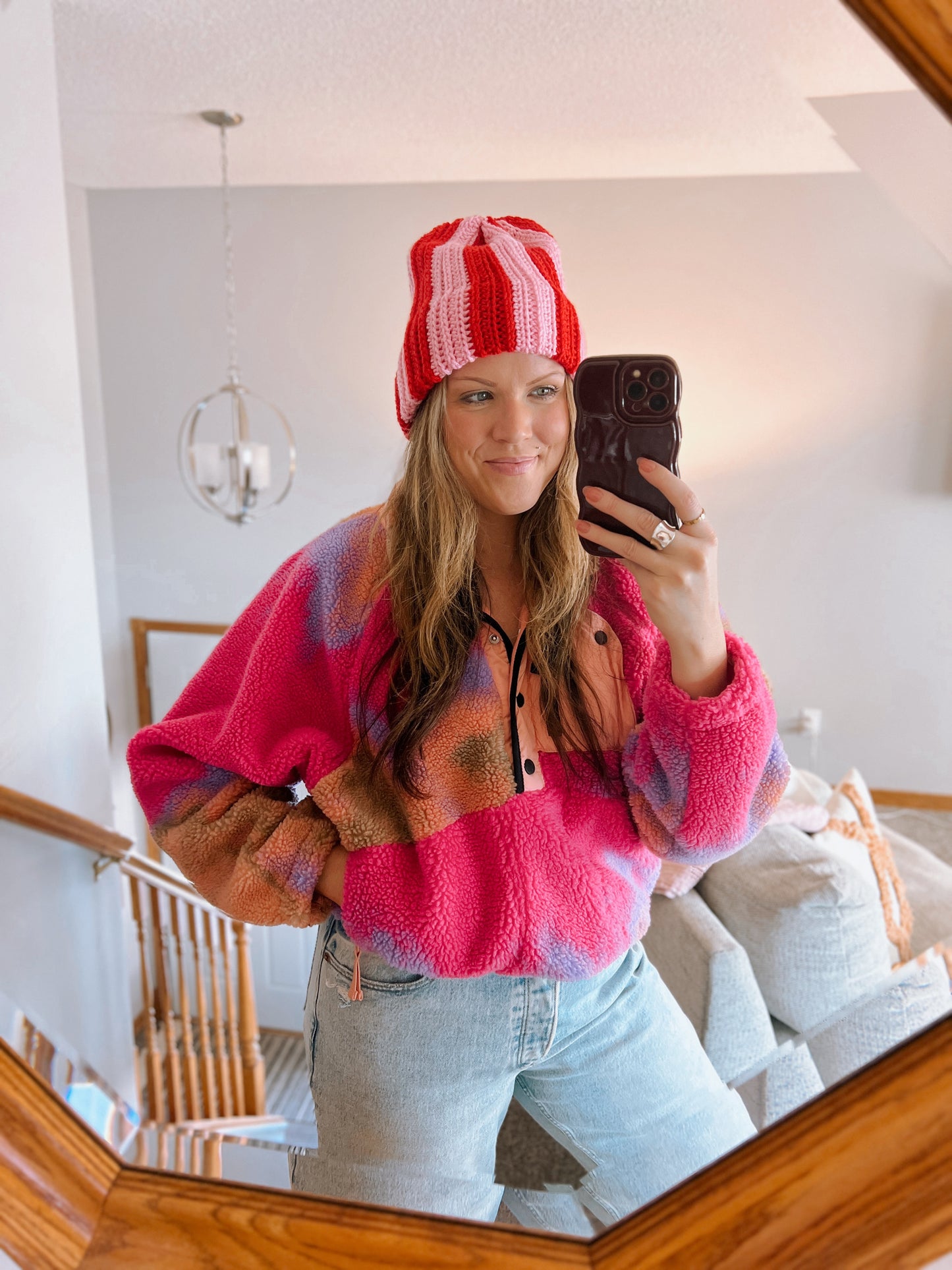 Double Brim Beanie | Stripey Pink & Red