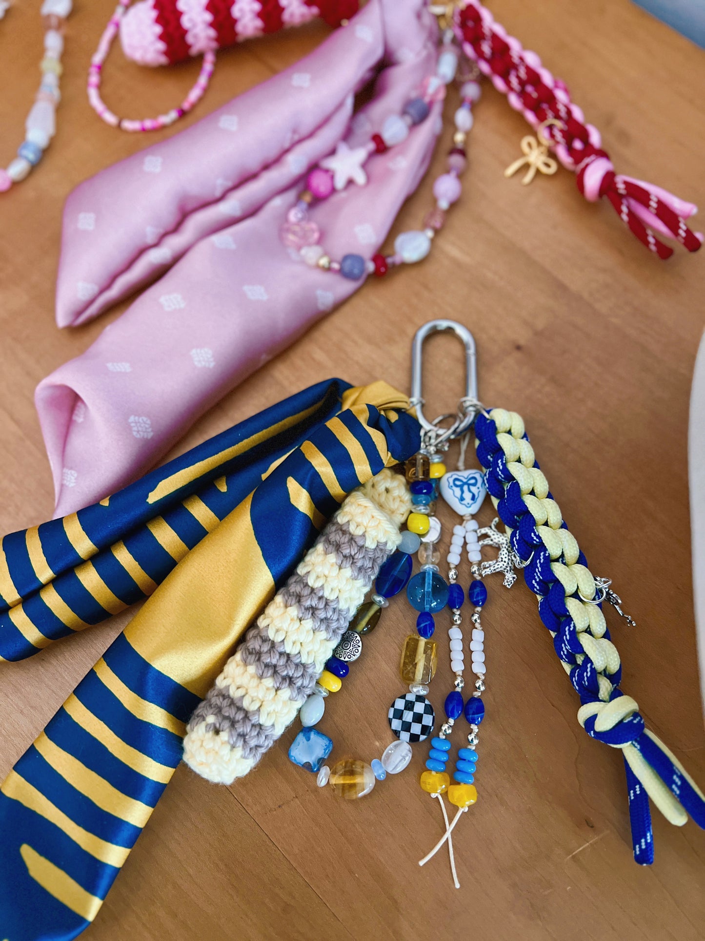 Scarf & Bead Layered Bag Charm | Blue & Yellow - Silver