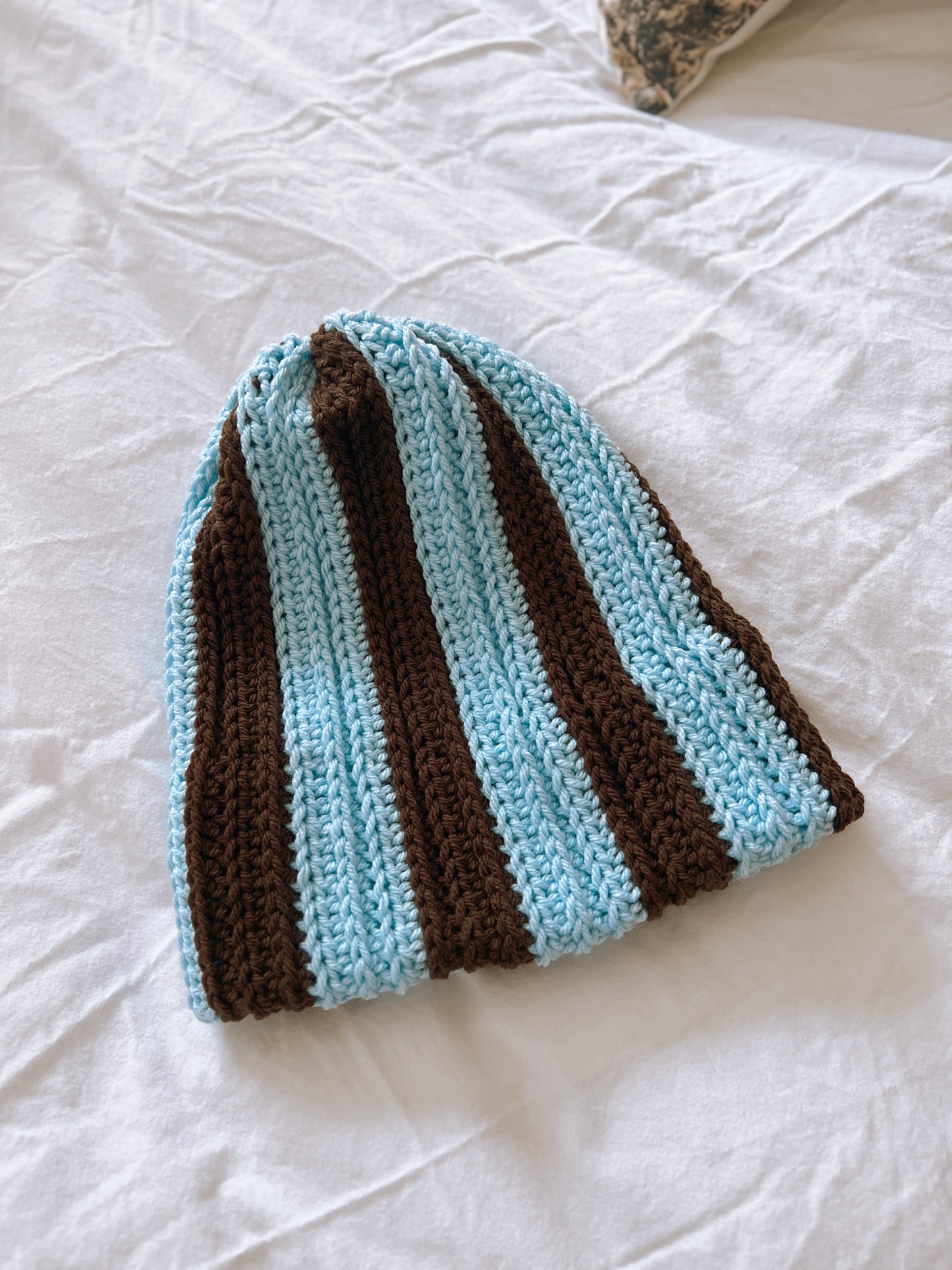Double Brim Beanie | Stripey Baby Blue & Brown