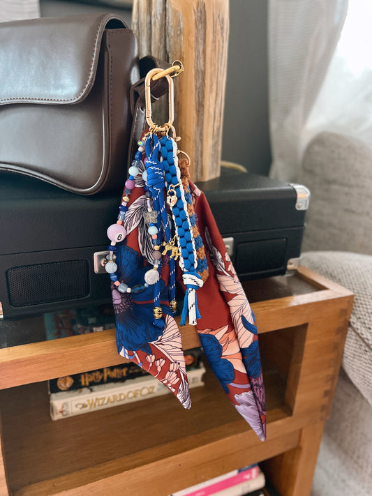 Scarf & Bead Layered Bag Charm | Blue, Purple & Rust - Gold