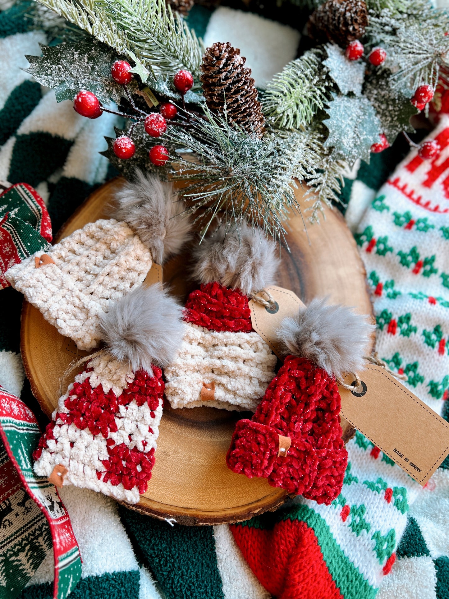Red & Cream Velvet Beanie Christmas Ornaments (set of 4)