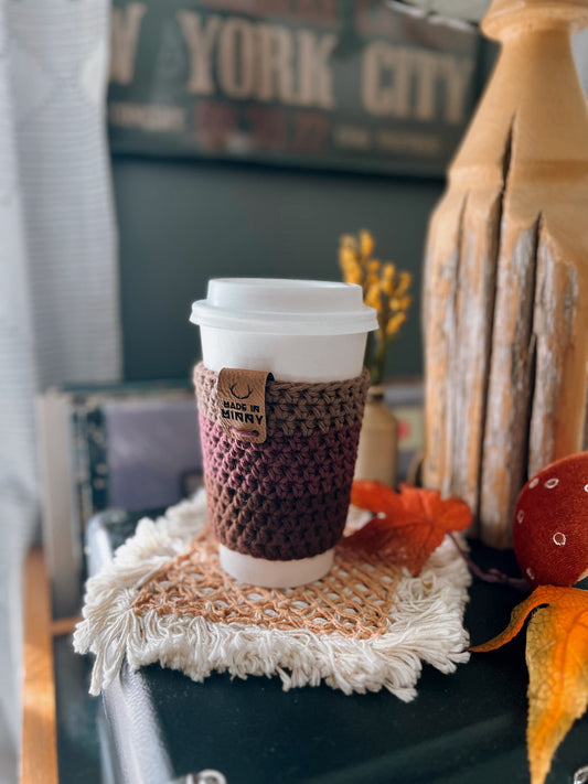 Coffee Cup Sleeve | Walnut, Burgundy, Brown Stripe