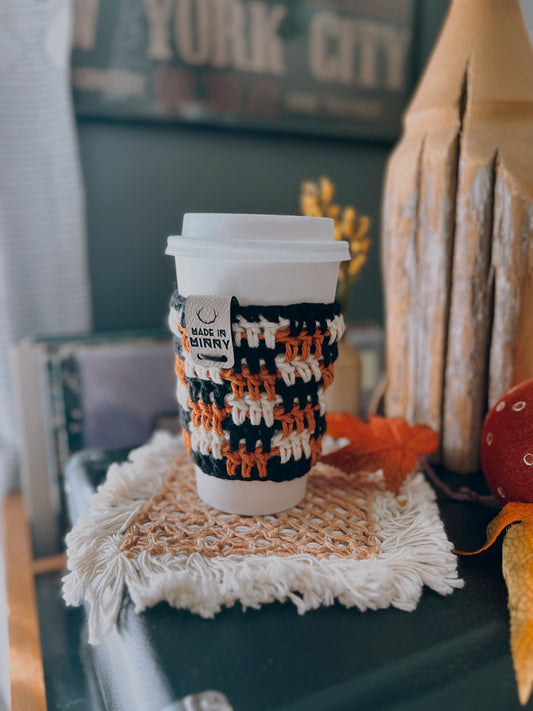 Coffee Cup Sleeve | Black, Orange & Cream Plaid