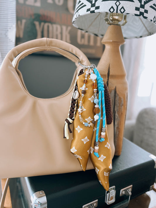 Scarf & Bead Layered Bag Charm | Gold, Brown & Blue - Silver