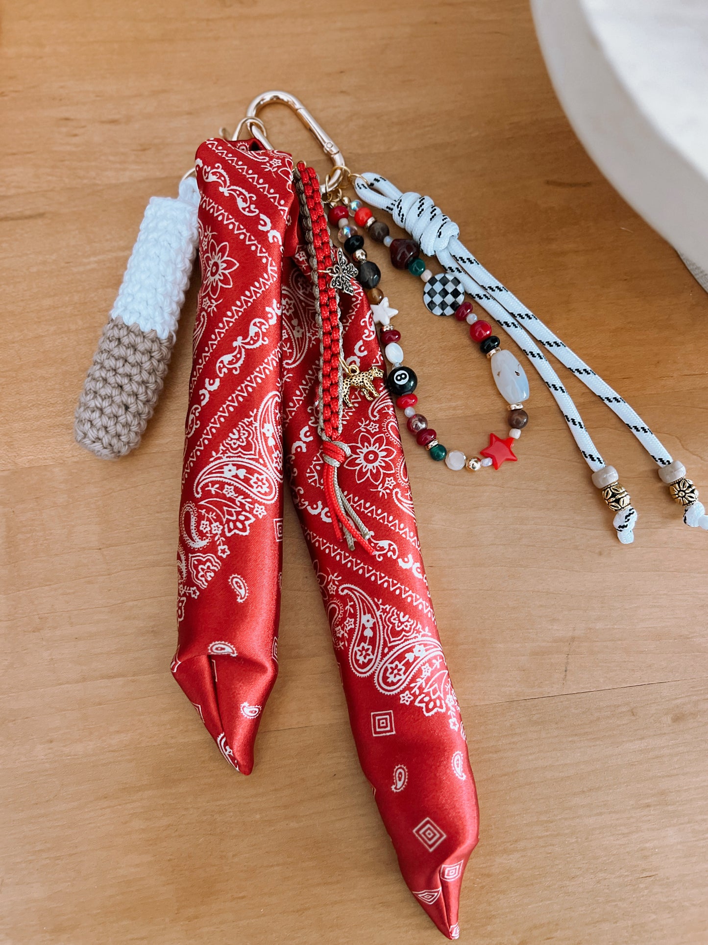 Scarf & Bead Layered Bag Charm | Red & Tan - Gold