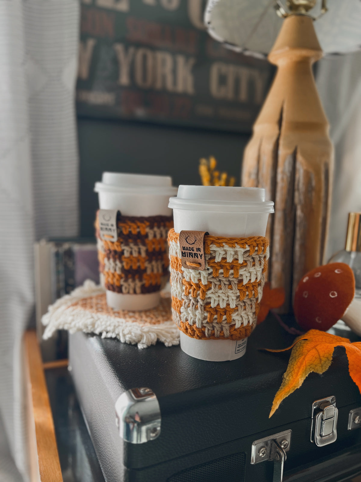 Coffee Cup Sleeve | Tan, Orange, Cream Plaid