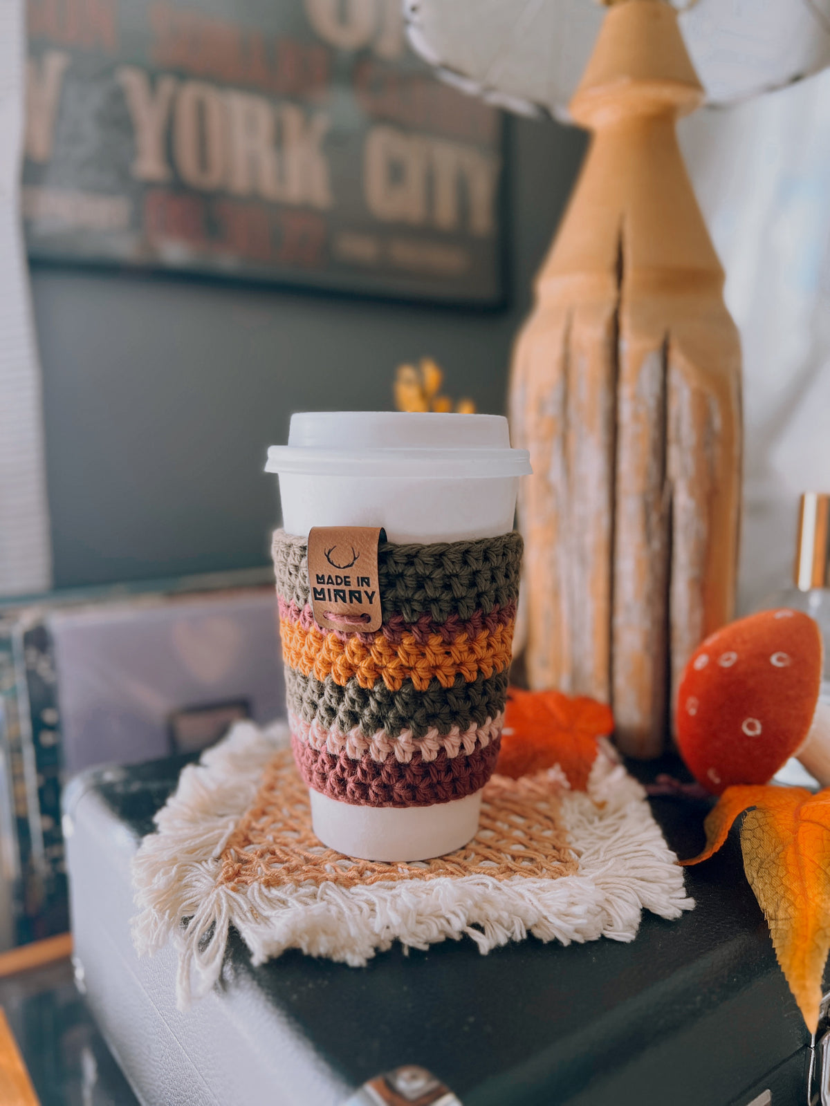 Coffee Cup Sleeve | Olive, Orange, Burgundy Stripe