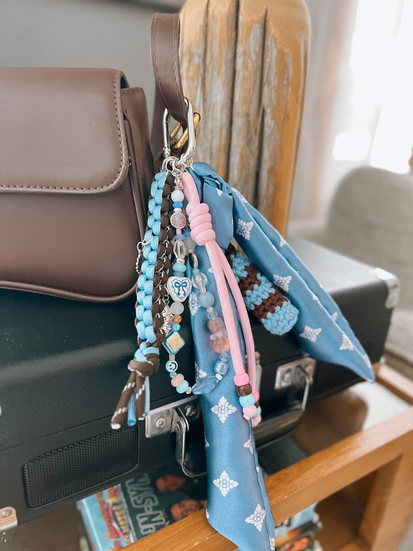 Scarf & Bead Layered Bag Charm | Blue, Pink, Brown - Silver