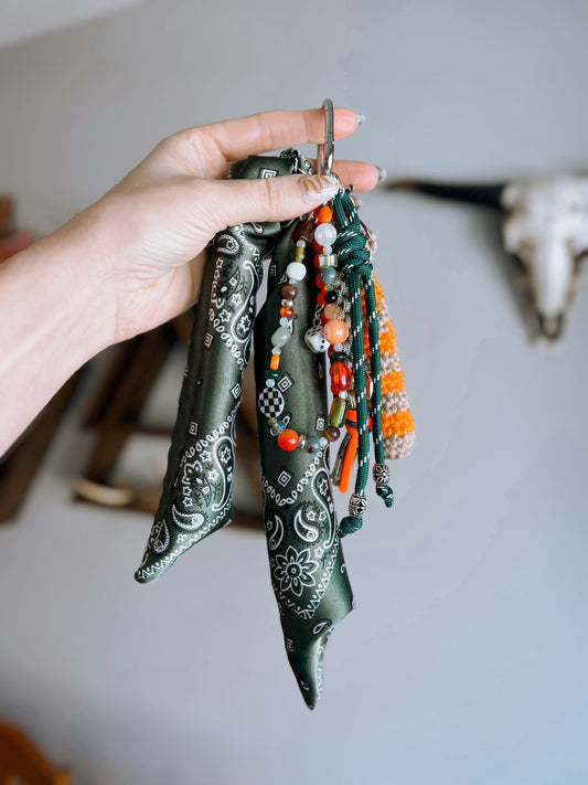 Scarf & Bead Layered Bag Charm | Green & Orange - Silver