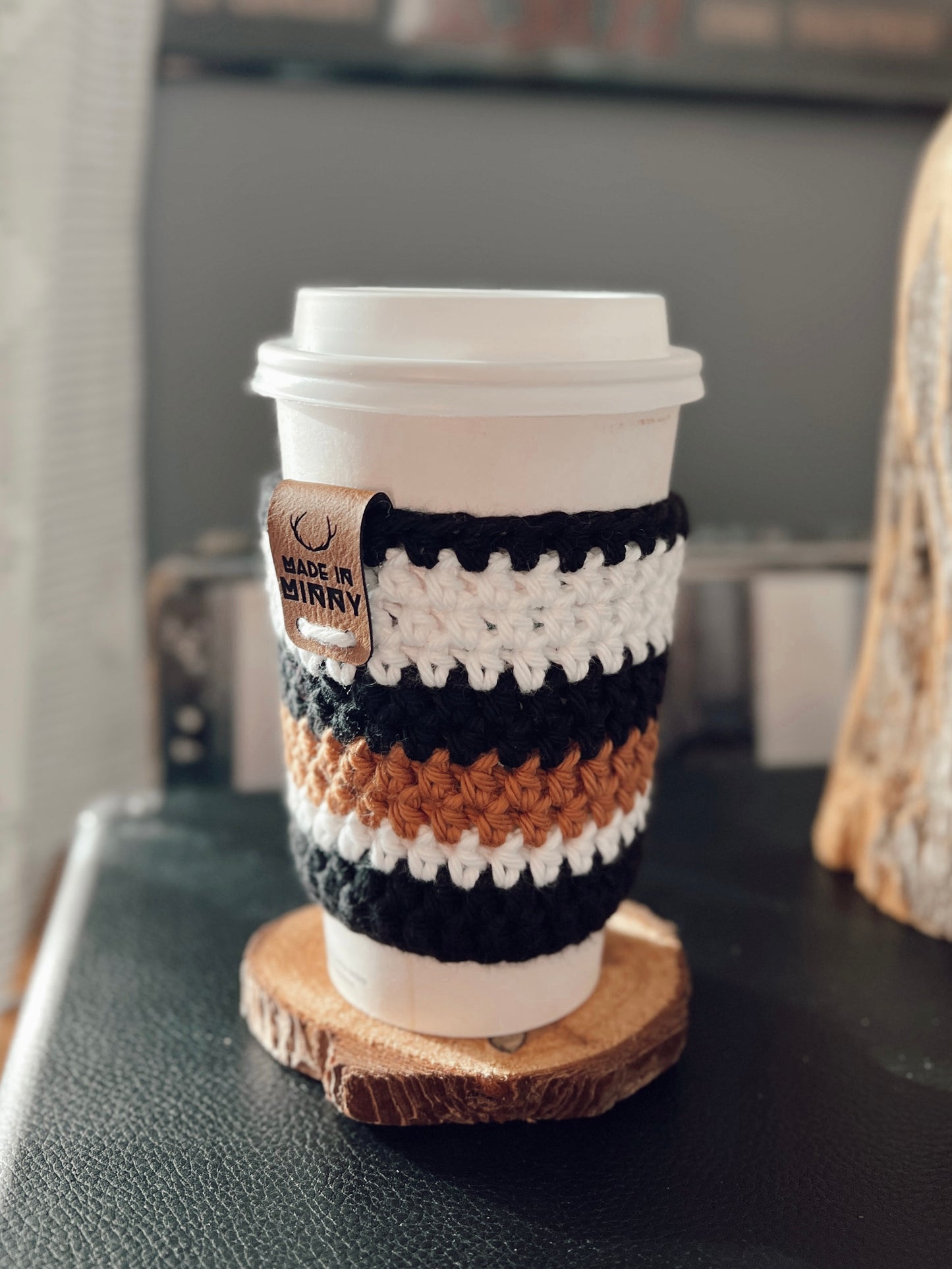 Coffee Cup Sleeve | Black, White, Antique Gold Stripe