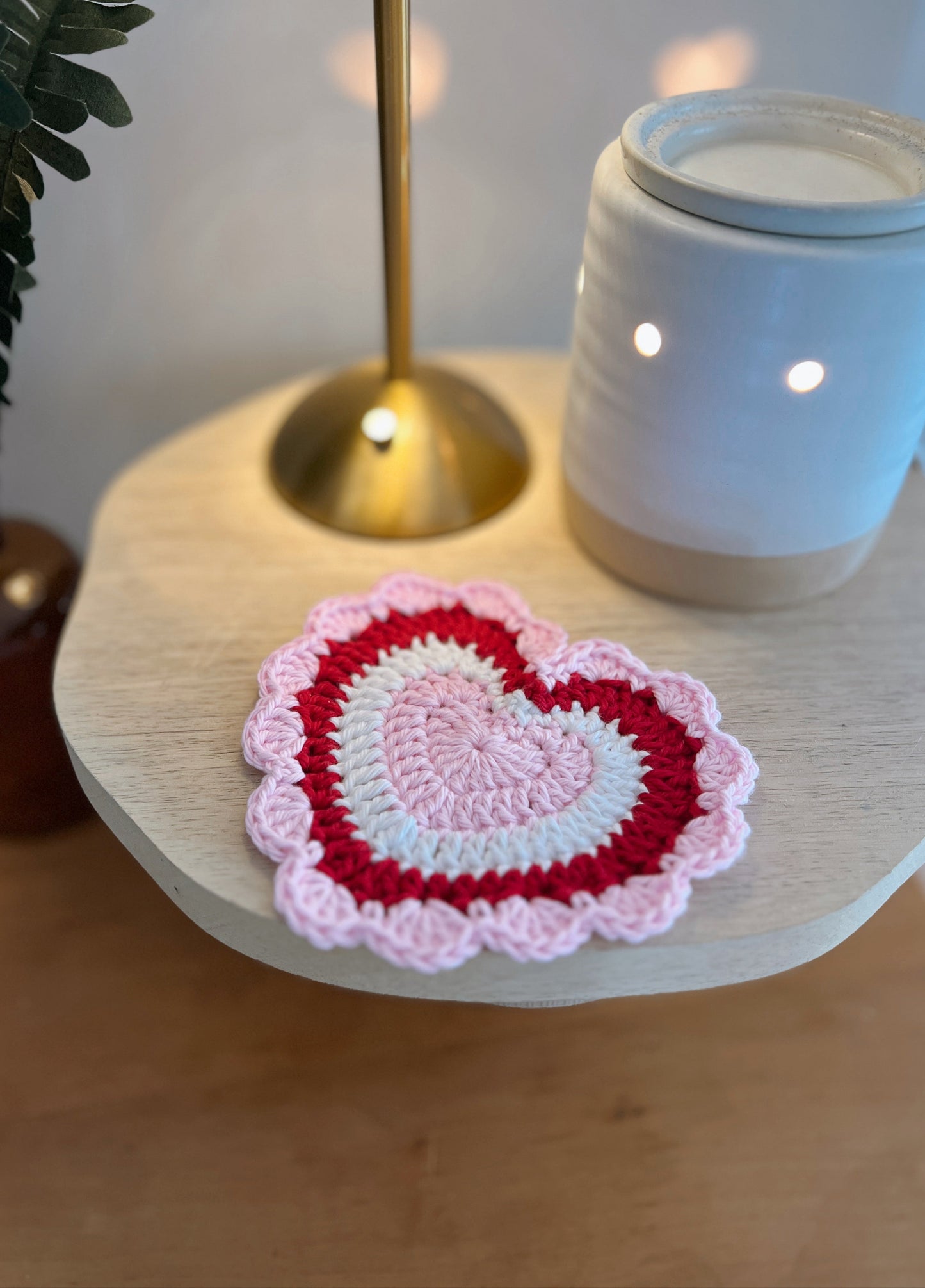 Crochet Heart Coaster (Pink/red/white)