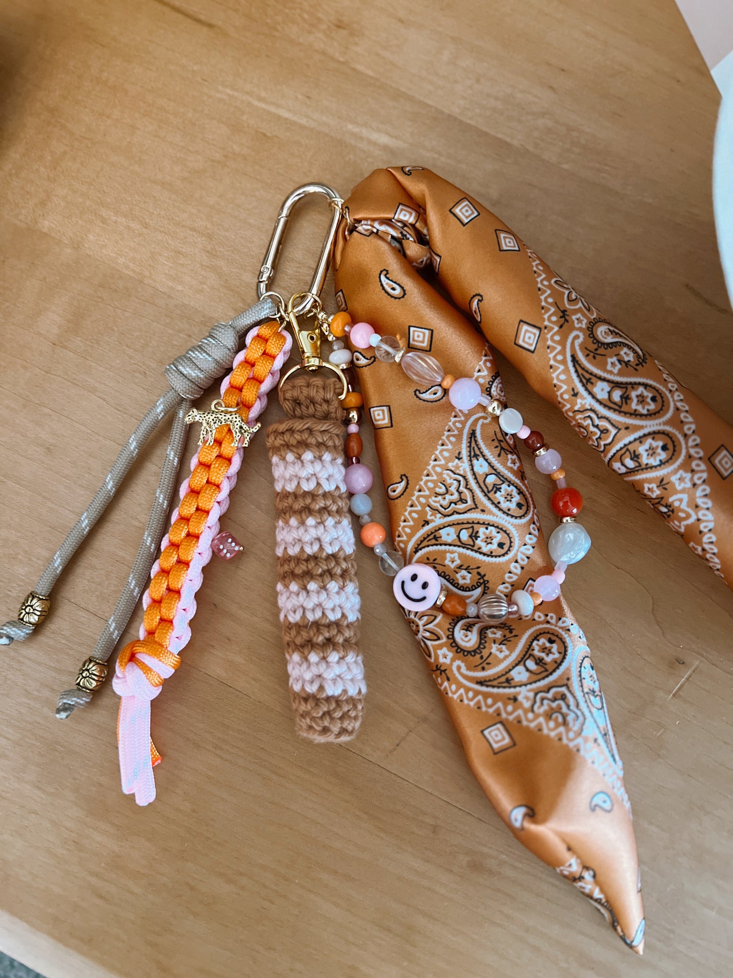 Scarf & Bead Layered Bag Charm | Orange & Pink - Gold