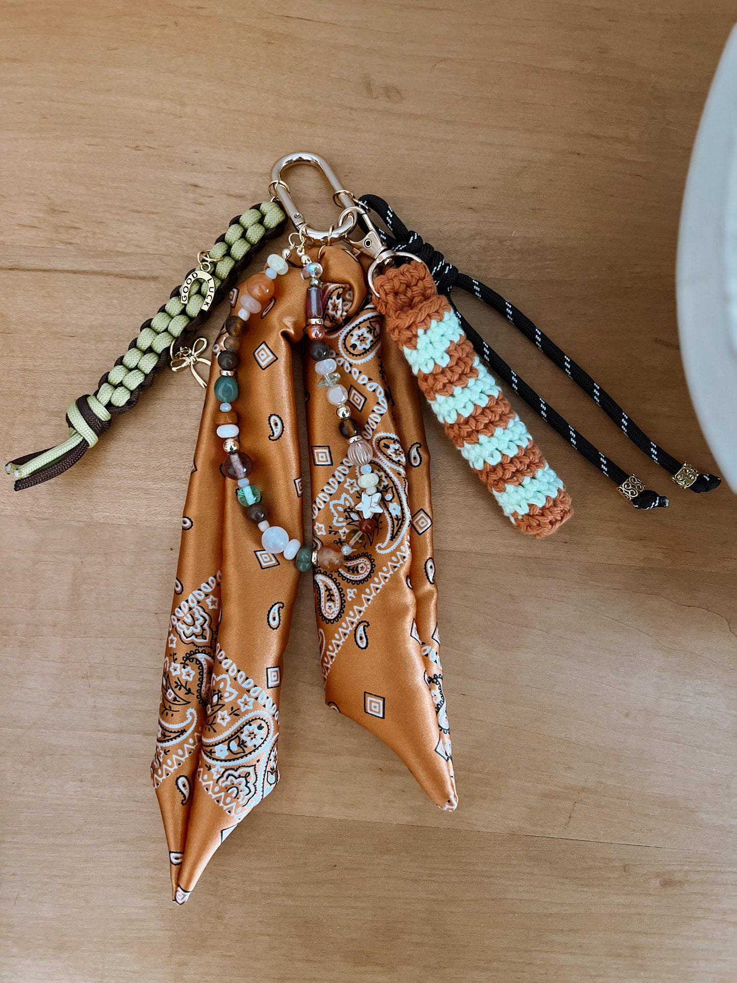 Scarf & Bead Layered Bag Charm | Orange & Brown - Gold