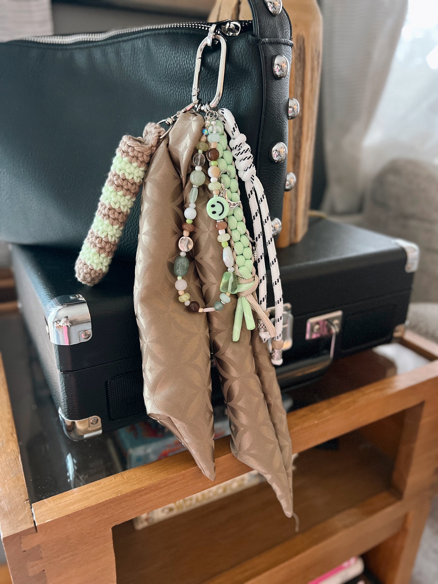 Scarf & Bead Layered Bag Charm | Tan & Pistachio - Silver