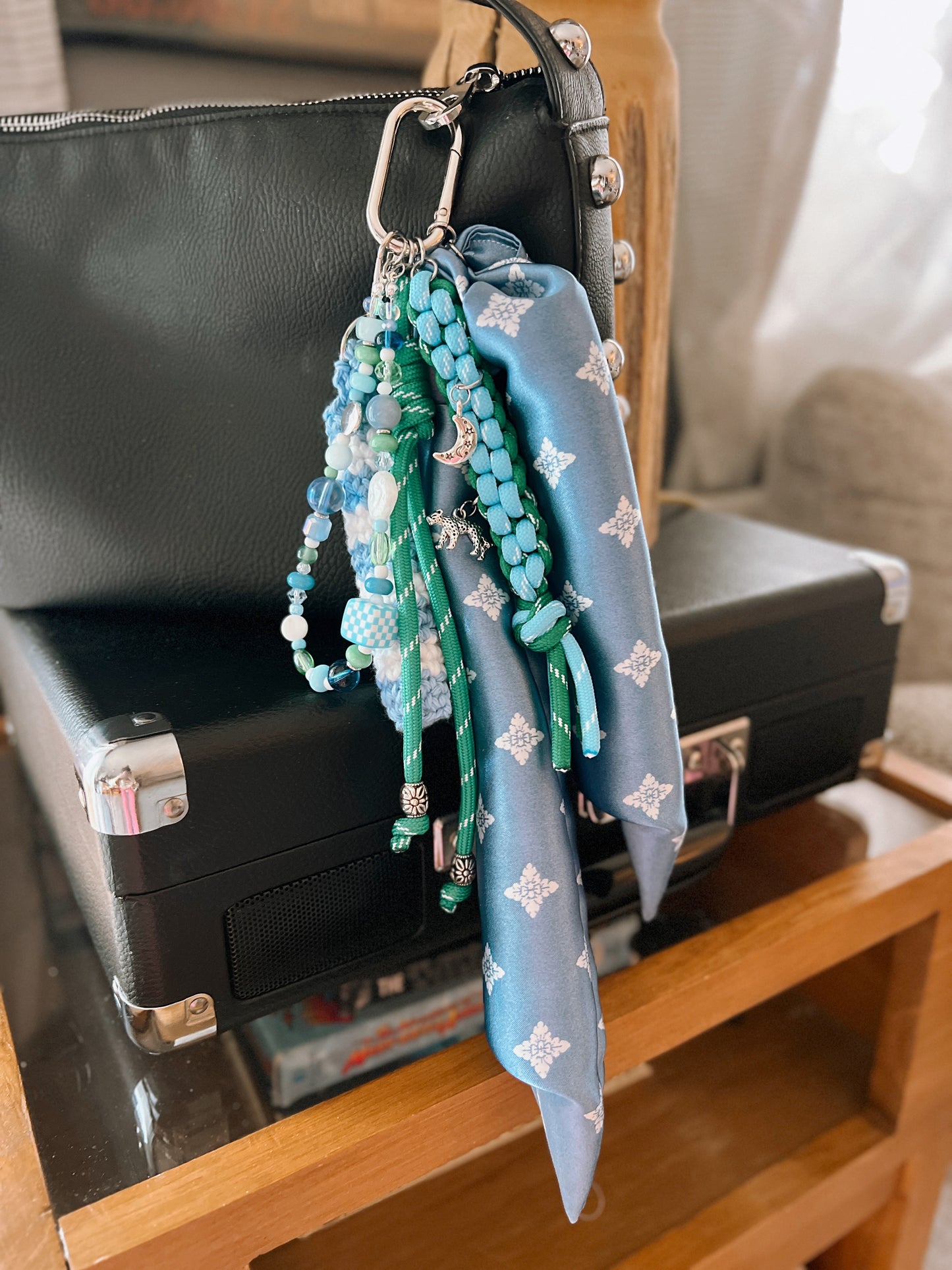 Scarf & Bead Layered Bag Charm | Blue & Green - Silver