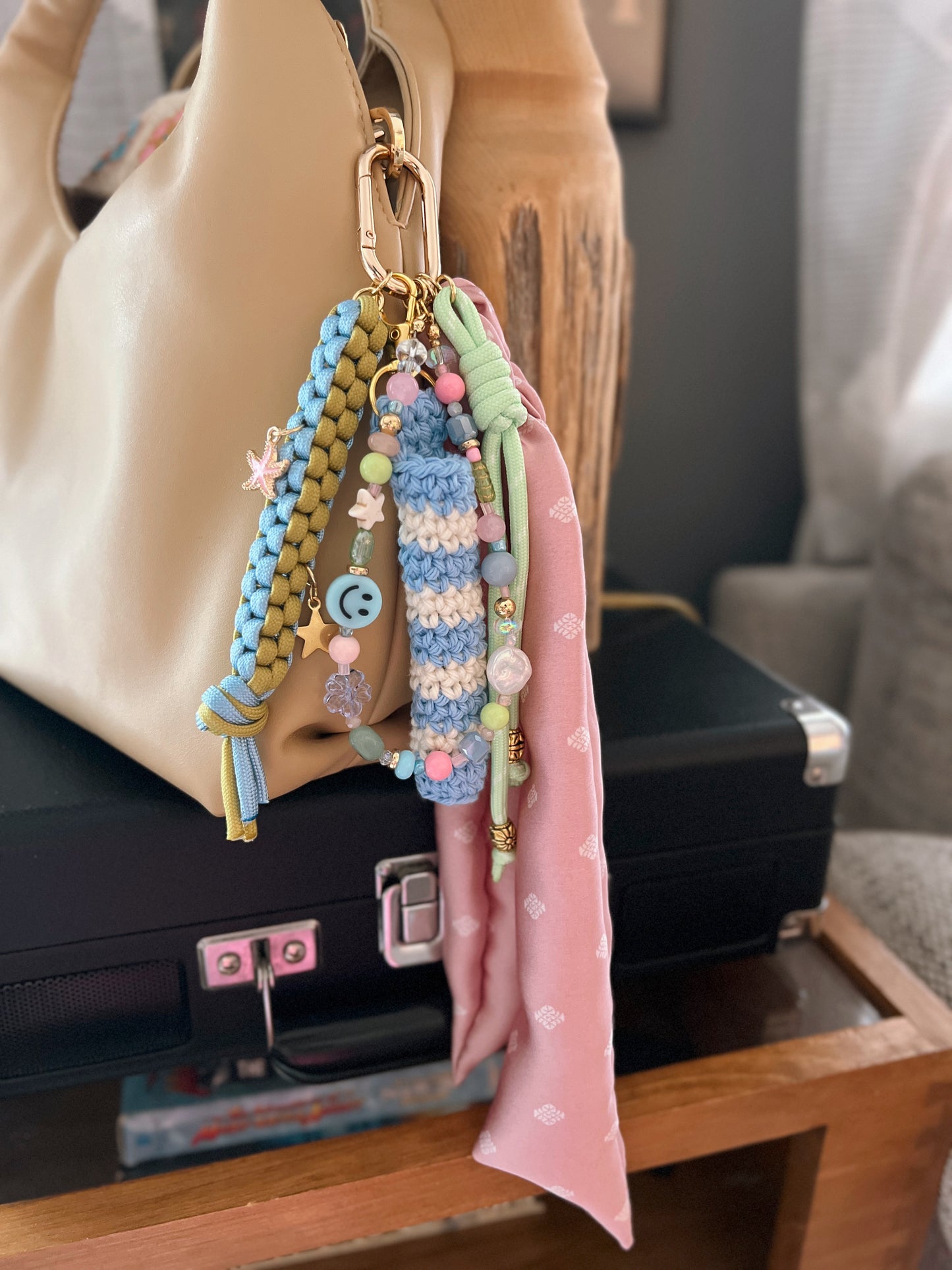 Scarf & Bead Layered Bag Charm | Pink, Blue, Green - Gold