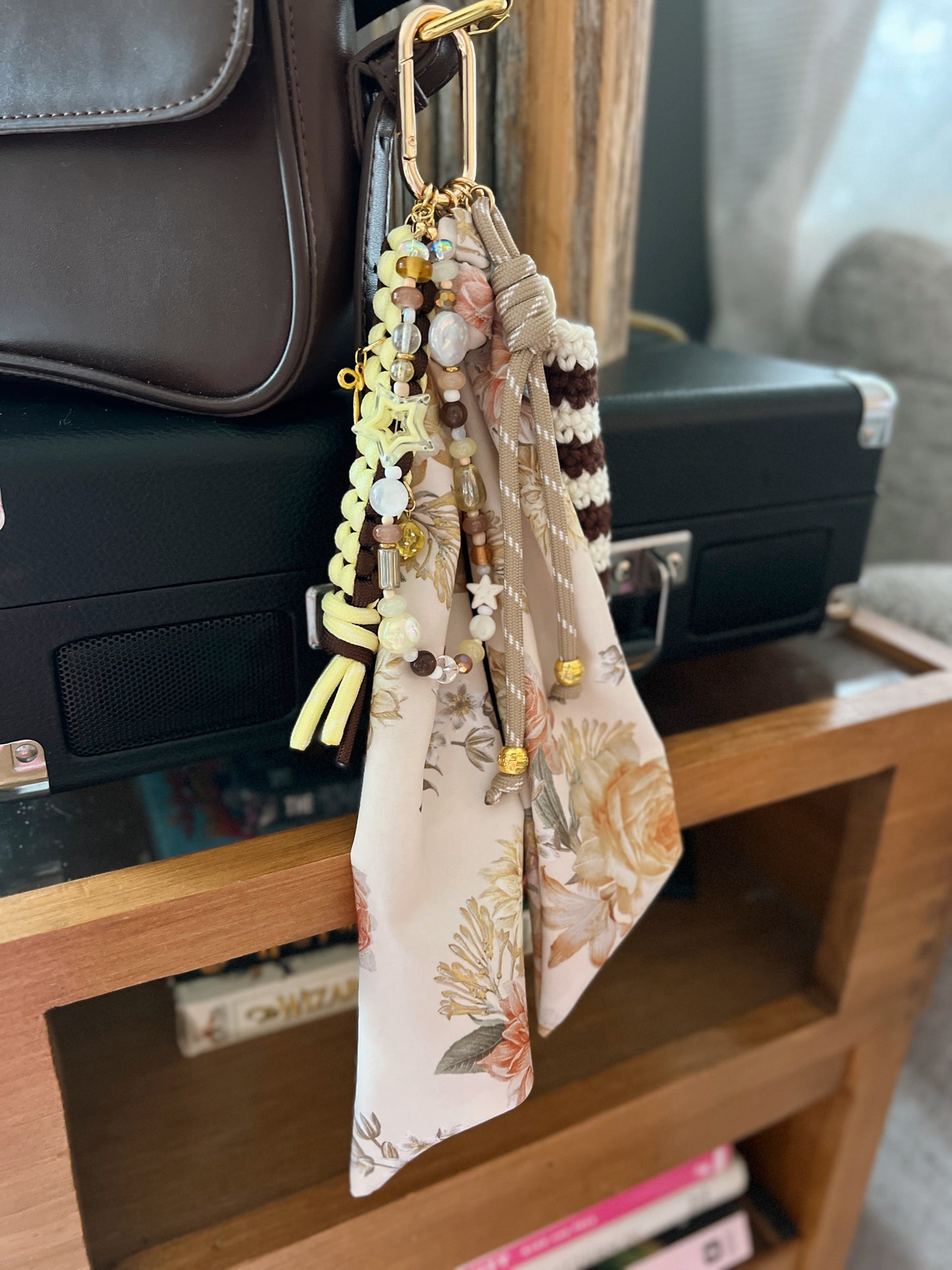 Scarf & Bead Layered Bag Charm | Yellow & Brown - Gold