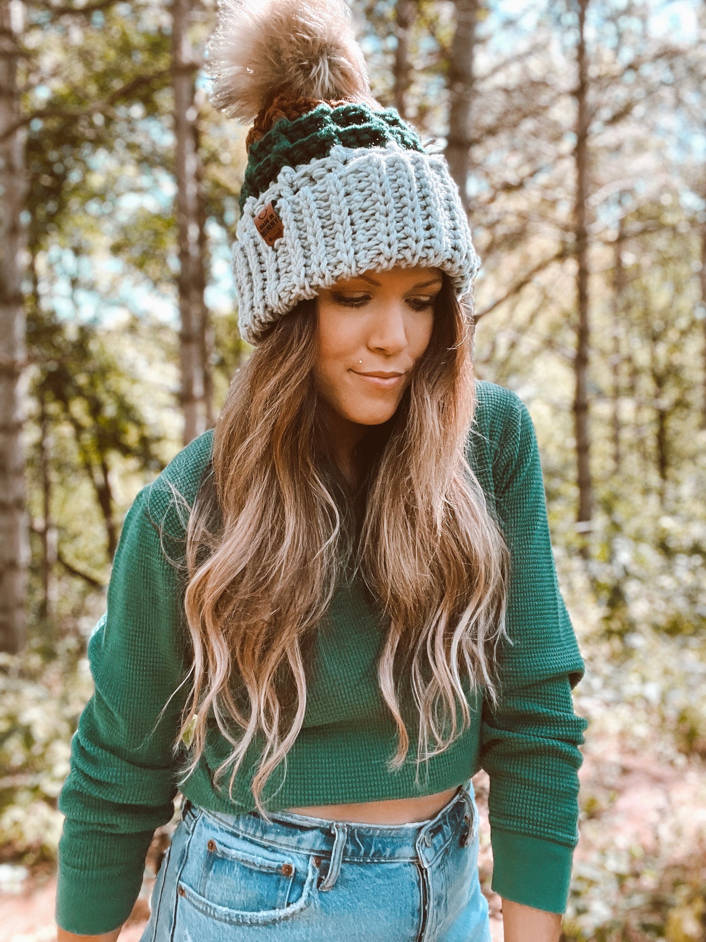 Waffle Fold Beanie | 3-Tone Gray, Forest Green & Brown