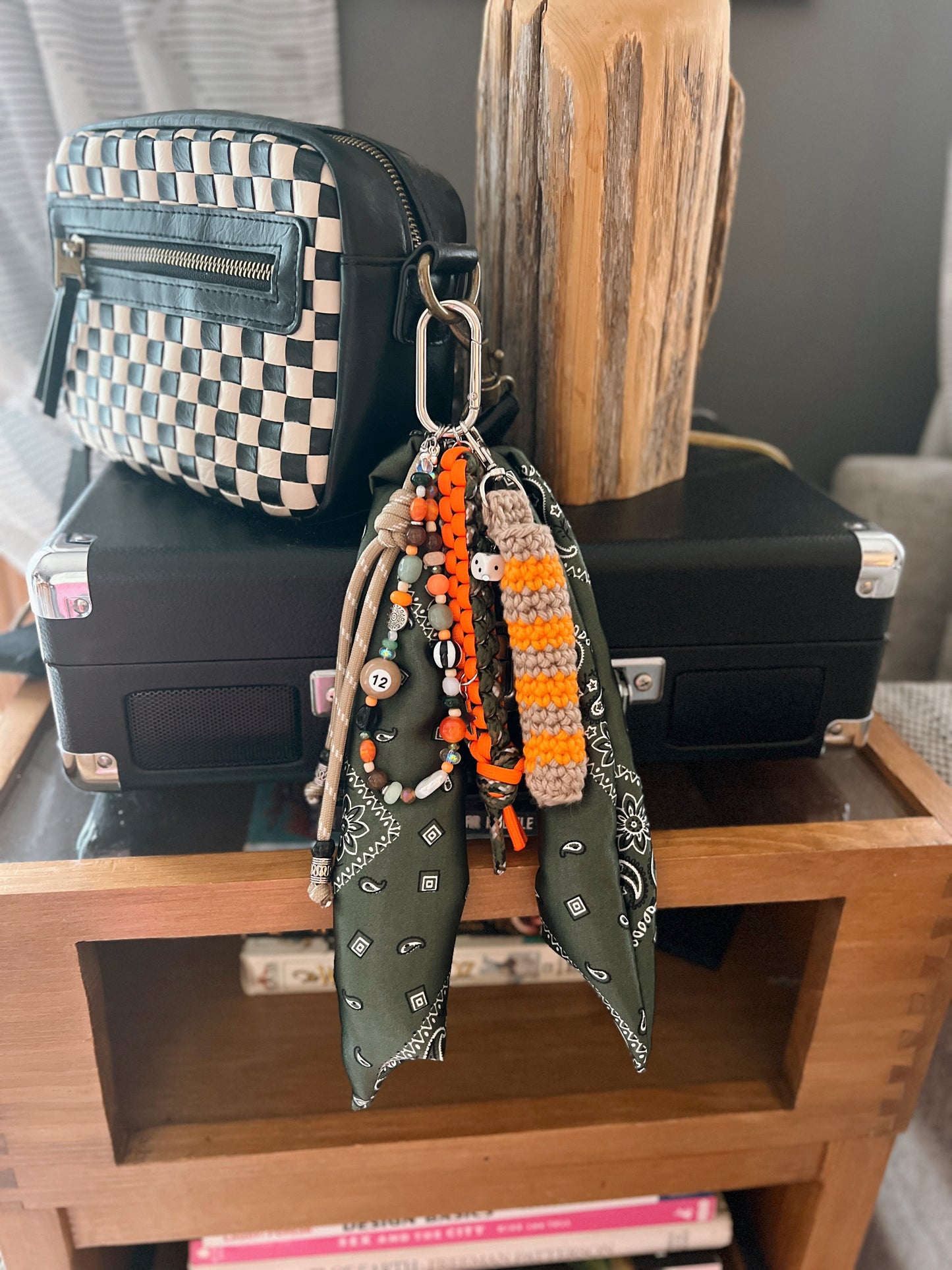 Scarf & Bead Layered Bag Charm | Olive & Orange - Silver